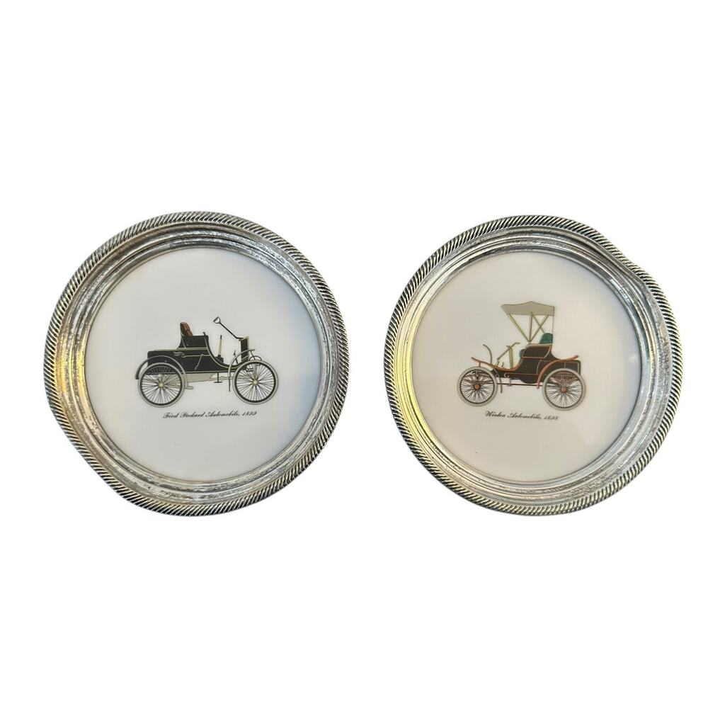 Set Of 2 VINTAGE SHERIDAN Silver and Ceramic Classic Cars Coasters